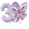 A set of purple foil balloons shaped like the number three and a butterfly