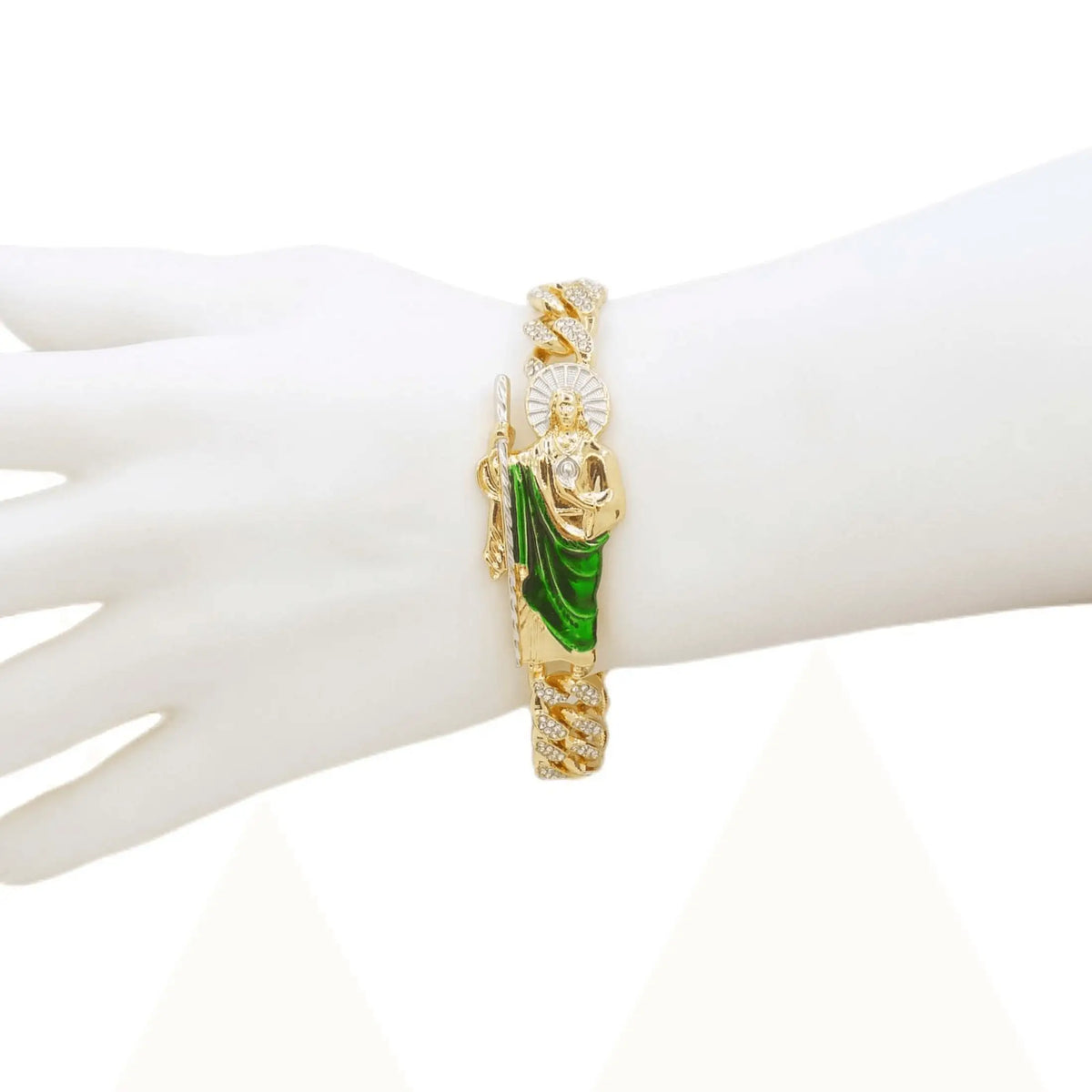 Gold Cuban link bracelet featuring a green enamel figure of St. Jude.