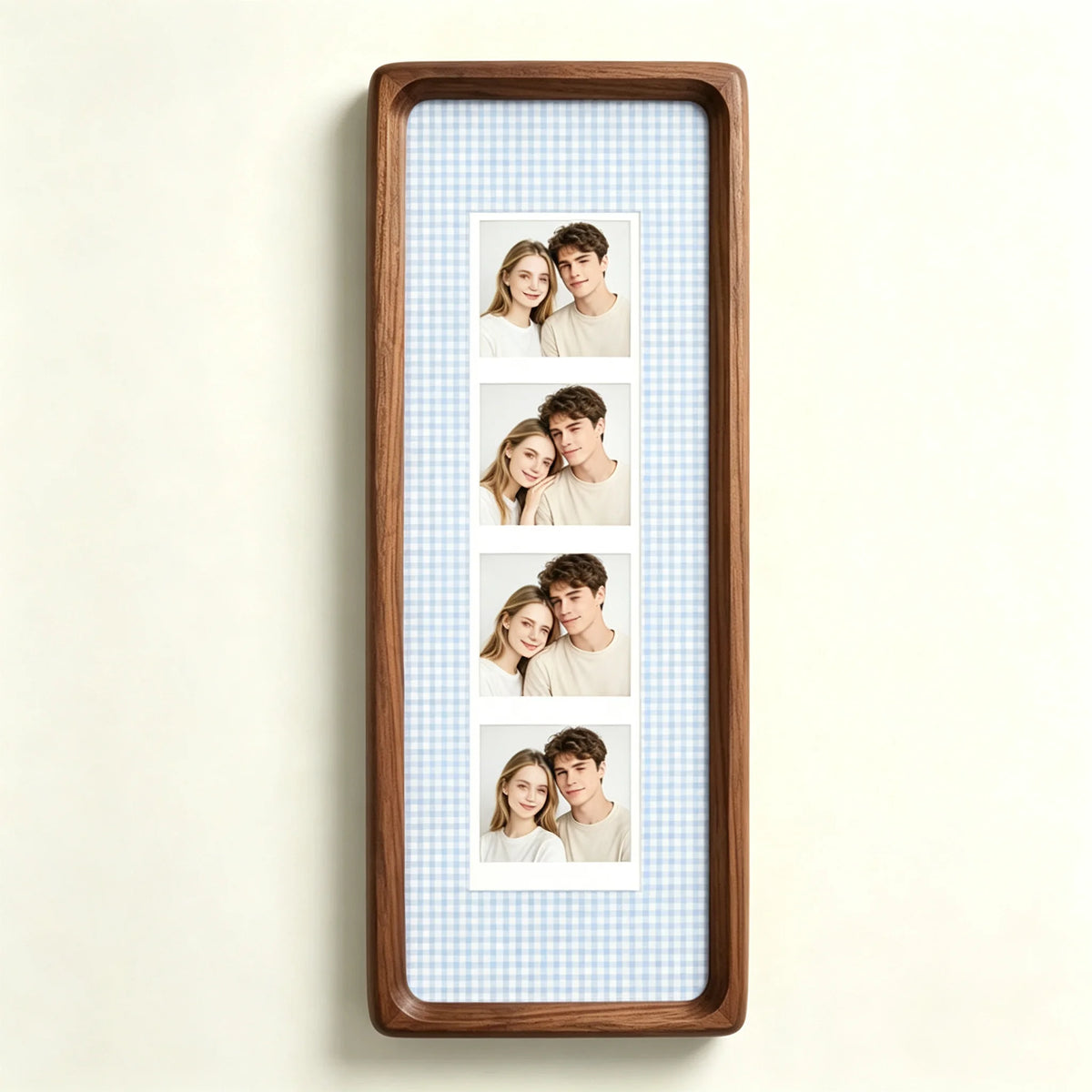 A wooden photo strip frame displaying five portrait photos of a couple.