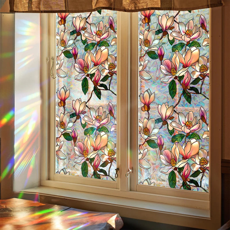Botanical print static cling window film featuring pink and white flowers in a window frame.