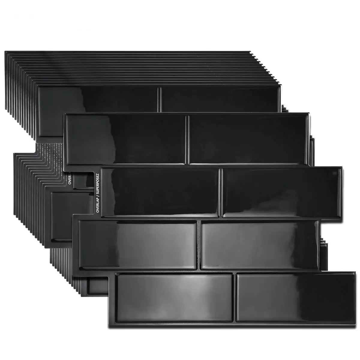 A collection of black peel and stick vinyl wall tile decor pieces arranged in rows.