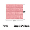 Pink 3D foam wall panels in a rectangular brick pattern, measuring 35 by 30 cm.