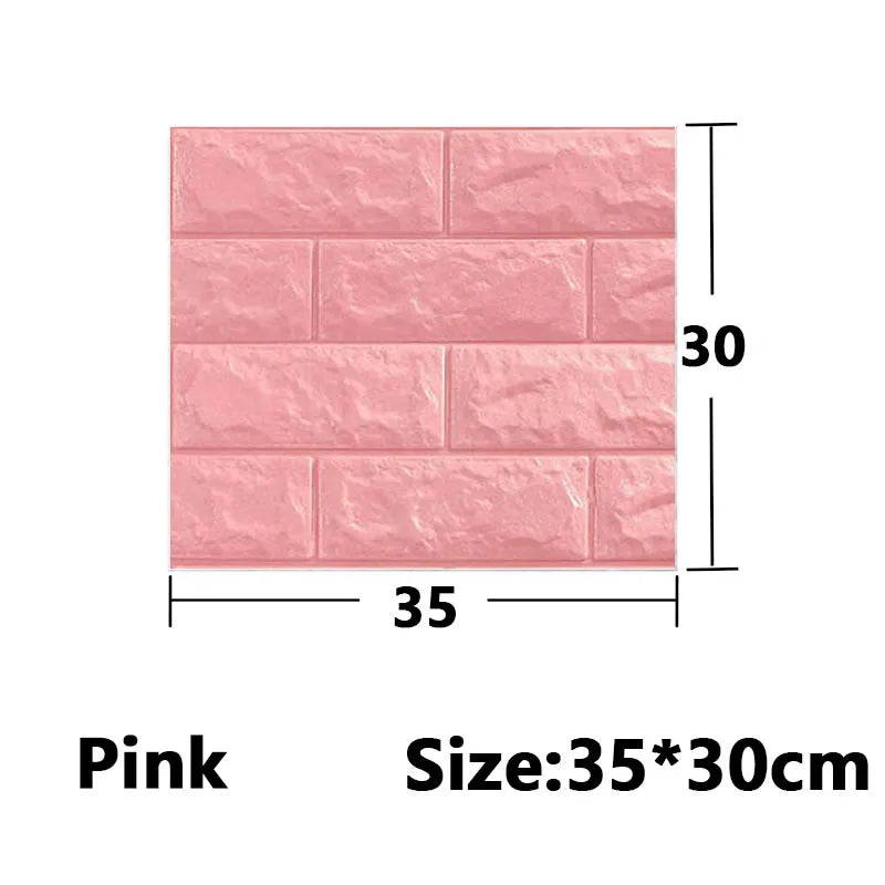 Pink 3D foam wall panels in a rectangular brick pattern, measuring 35 by 30 cm.