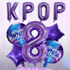 Purple foil number balloons spelling KPOP and the number 8