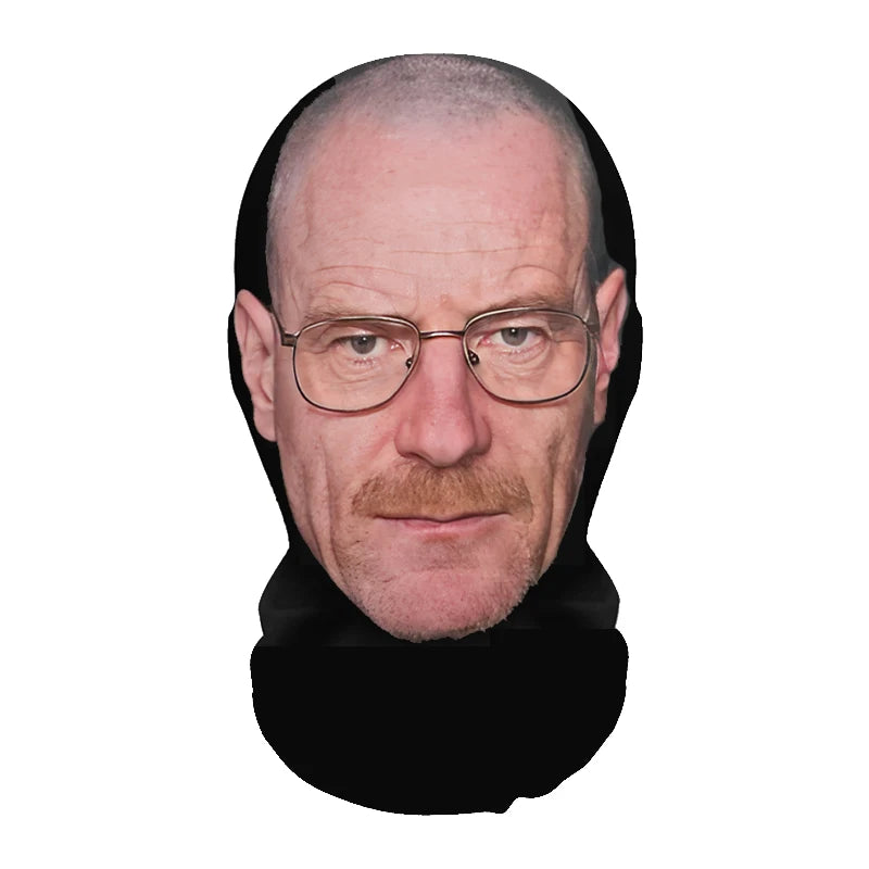 A realistic full-face cosplay mask of a middle-aged man with a bald head and glasses.