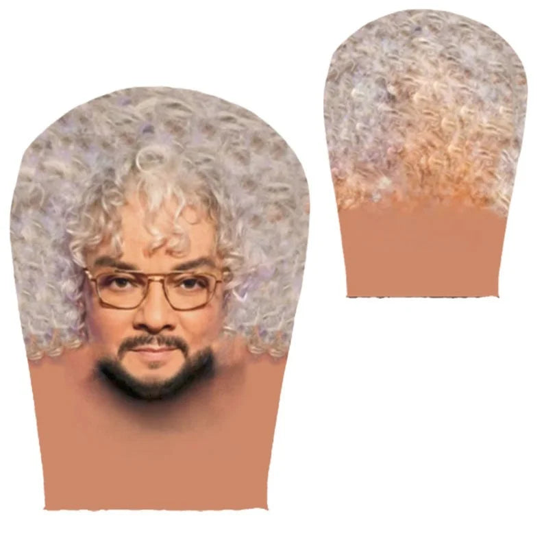 A portrait of a man with curly gray hair and glasses wearing a balaclava mask.