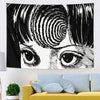 A black and white manga-style tapestry featuring a close-up of an intense eye and hair design.