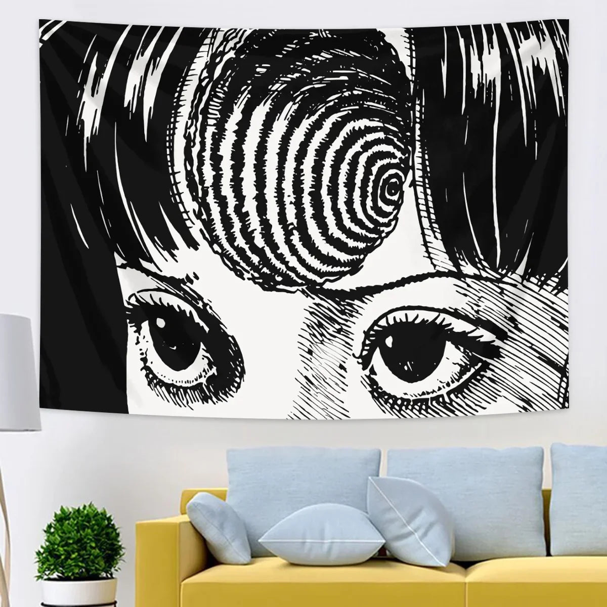 A black and white manga-style tapestry featuring a close-up of an intense eye and hair design.