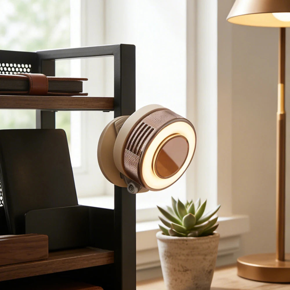 A beige magnetic bladeless handheld fan is displayed on a dark wooden shelf next to a lamp.