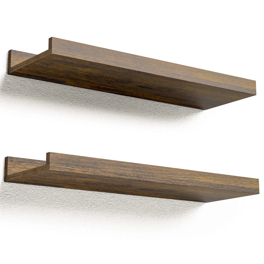 A set of two rustic floating wood shelves in a dark brown finish mounted on a white wall.