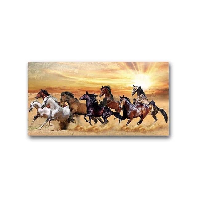 A dynamic painting of several horses galloping across a golden sunset landscape.