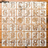 A grid of reusable floral alphabet stencils for painting and decals, featuring uppercase letters A through Z.