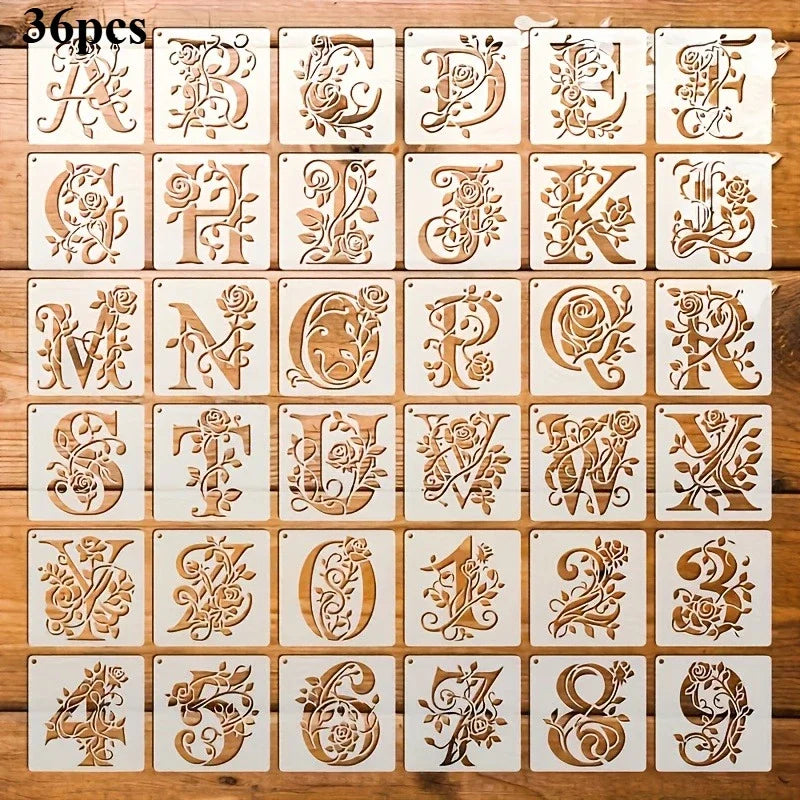 A grid of reusable floral alphabet stencils for painting and decals, featuring uppercase letters A through Z.