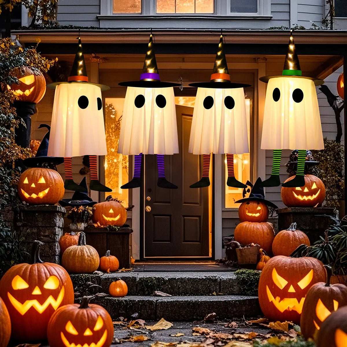 A row of glowing white ghost lights with witch hats illuminates a front door during Halloween season.