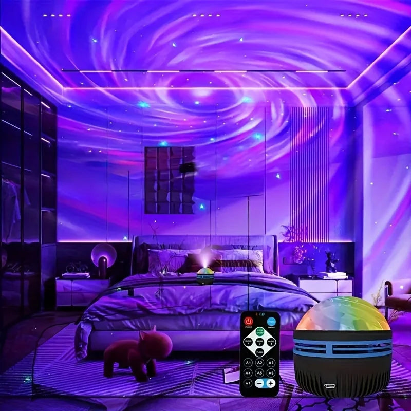 A Galaxy Projection Night Light illuminates a bedroom with purple and pink light patterns.