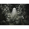 A dark, moody canvas print featuring a ghostly white figure emerging from dense foliage and flowers.