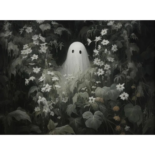 A dark, moody canvas print featuring a ghostly white figure emerging from dense foliage and flowers.