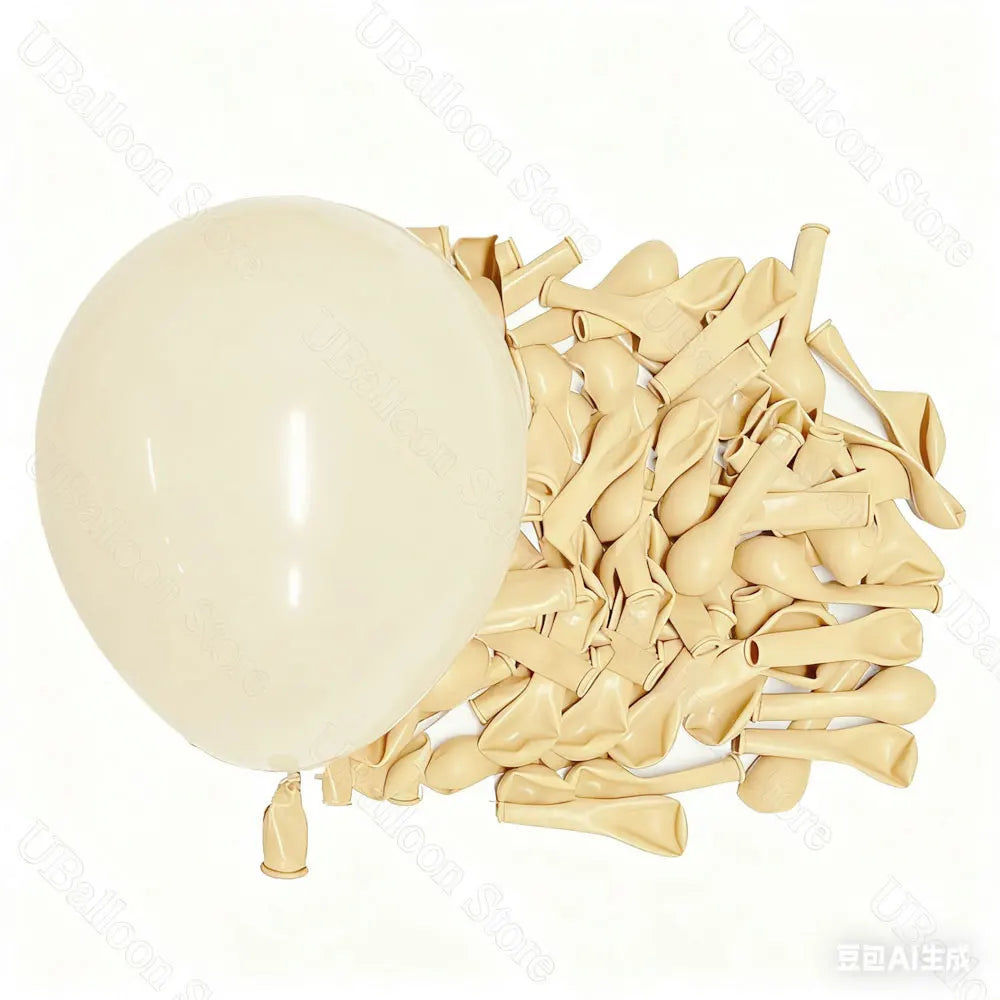 A pile of tan latex balloons in neutral shades for baby shower and birthday décor.