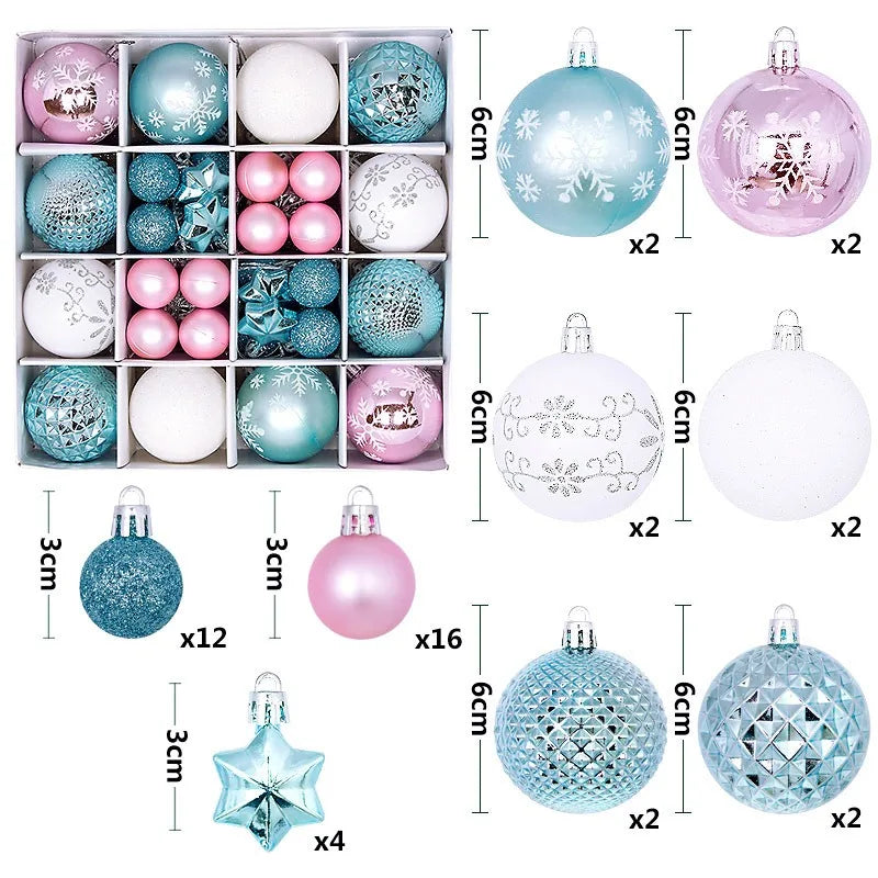 A collection of 44 festive Christmas ball ornaments in various colors including pink, blue, and silver finishes.