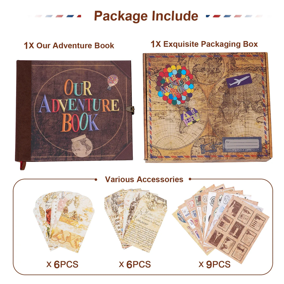 A package include showing an adventure book, an exquisite packaging box, and various accessories like paper and photo sheets.