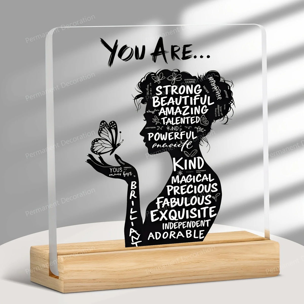 Acrylic desk decor featuring black text affirmations like You Are Strong Beautiful Amazing Talented and Kind