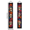 A vertical banner featuring a Mexican skull and floral motifs for a Day of the Dead theme