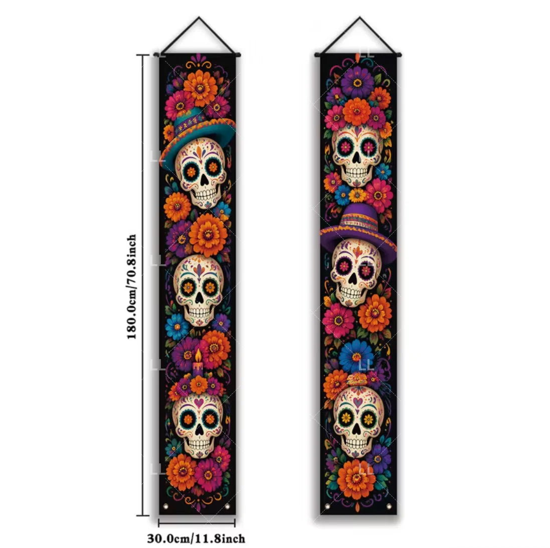 A vertical banner featuring a Mexican skull and floral motifs for a Day of the Dead theme