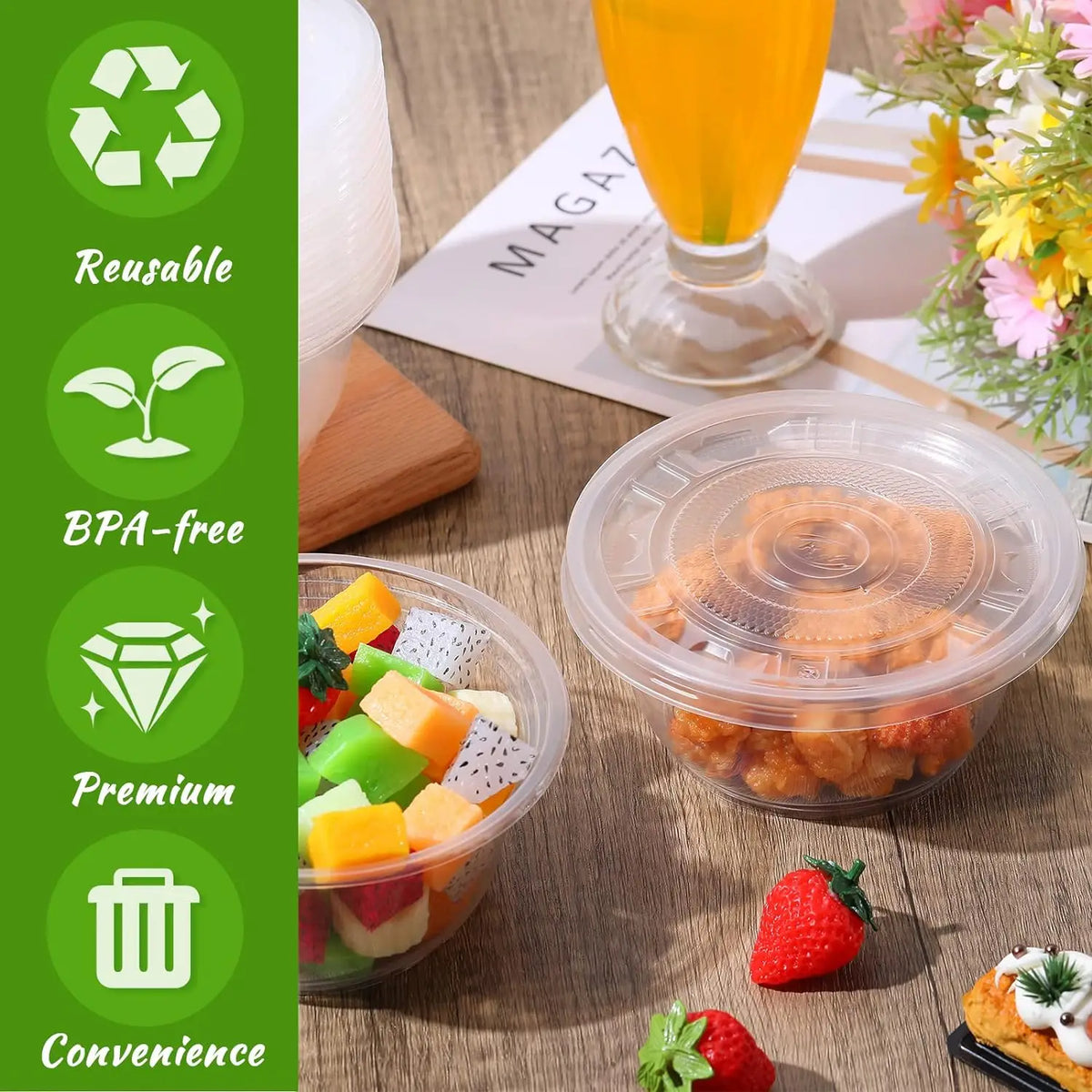 Clear disposable plastic bowls with lids containing food items on a wooden surface