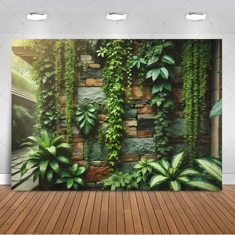 A lush green tropical palm leaf backdrop featuring various vines and large leaves for party decor.