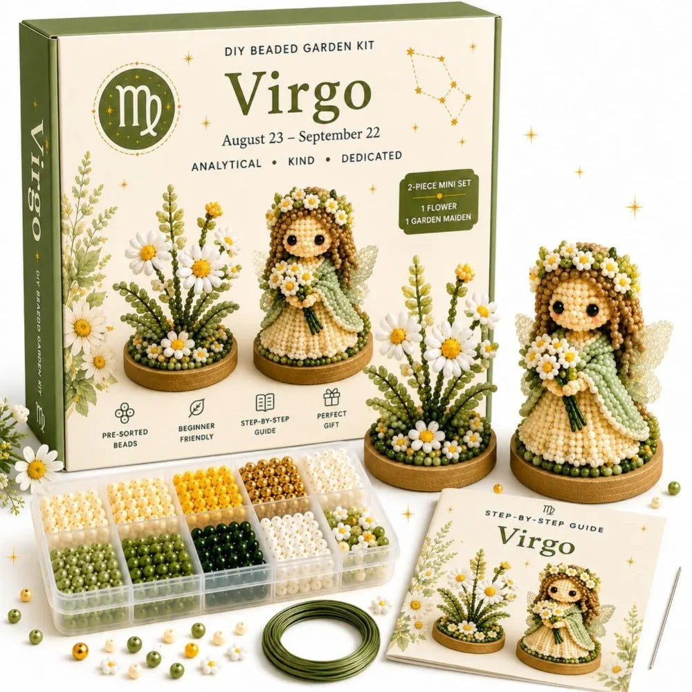 A box of Virgo DIY beaded garden kit showing various beads and a finished figure.