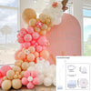 A pink and cream balloon arch display featuring various sized balloons for events.