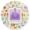 A circular arrangement of cute animal vinyl stickers featuring various creatures and the text Eight Arms One Heart.