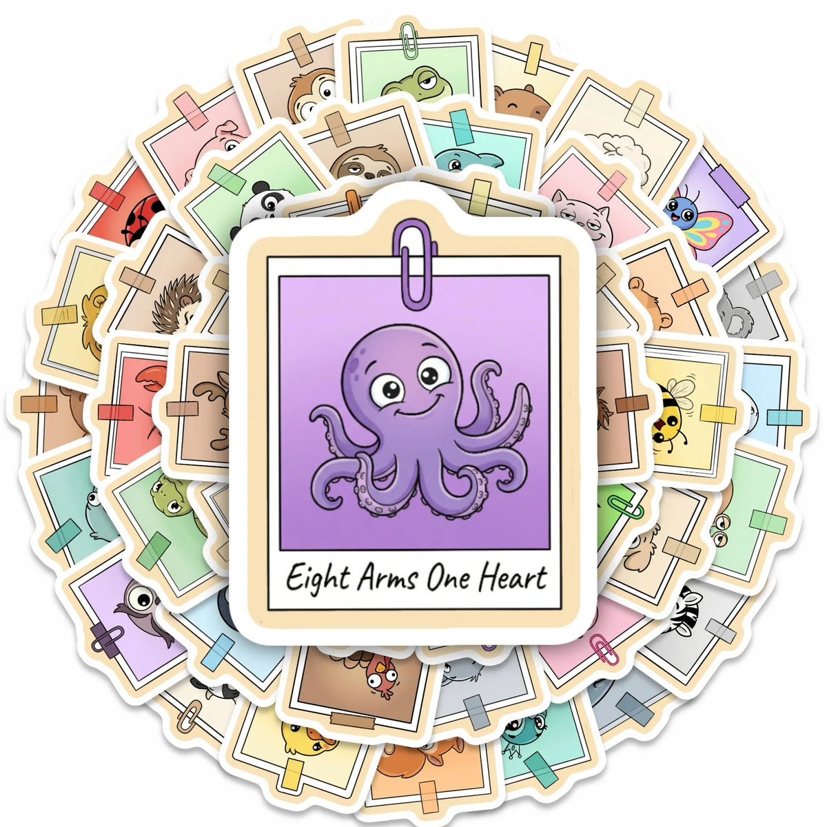 A circular arrangement of cute animal vinyl stickers featuring various creatures and the text Eight Arms One Heart.