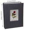 A dark gray linen cover photo album with a square window displaying a red rose and the text Flower language.