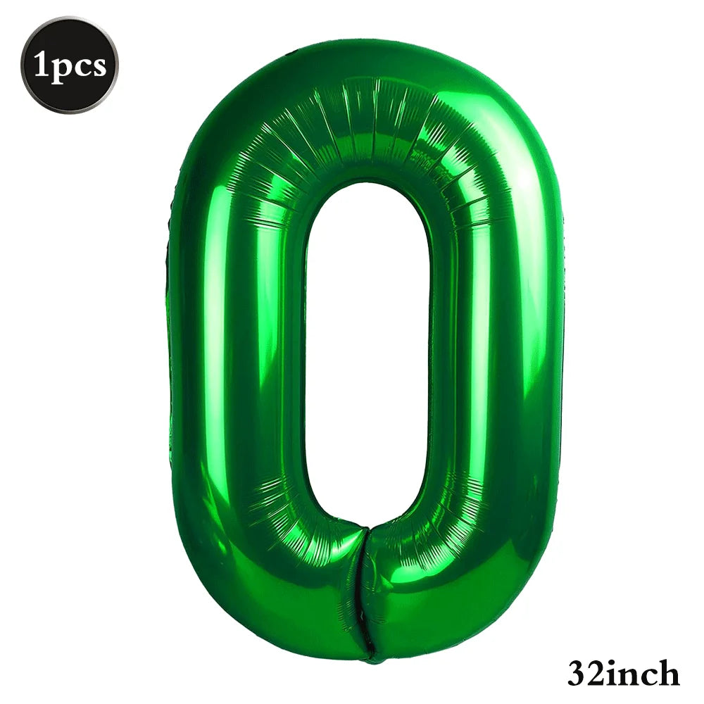 A shiny green foil number balloon shaped like the digit zero, measuring 32 inches.