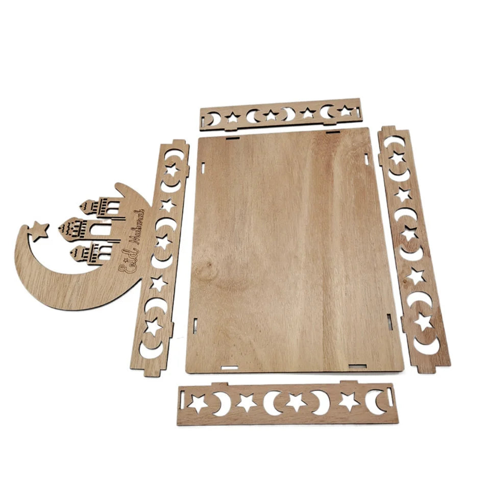 Bandeja de madera Eid Mubarak para decoración de Ramadán con recortes de estrellas decorativos