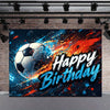 A dynamic graphic featuring a soccer ball exploding with bright orange and blue light against a dark background, celebrating 