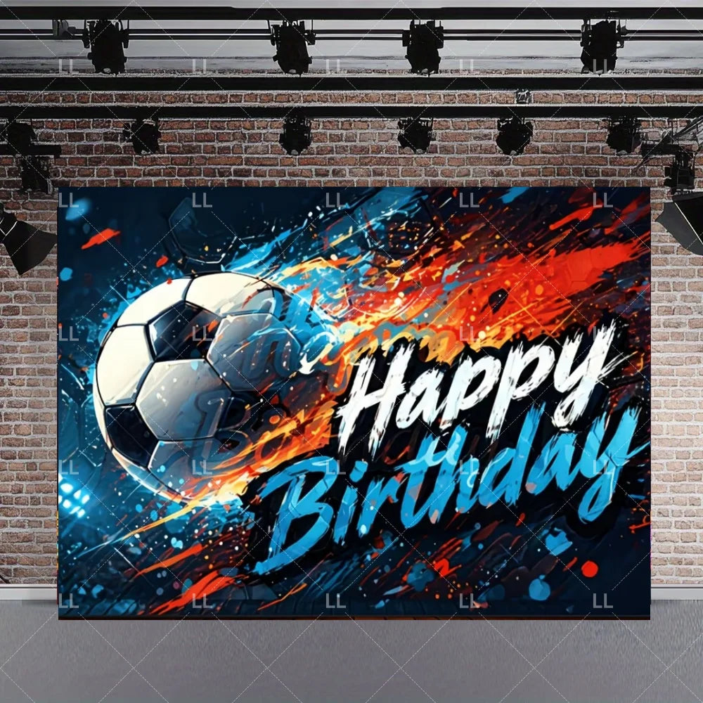 A dynamic graphic featuring a soccer ball exploding with bright orange and blue light against a dark background, celebrating 
