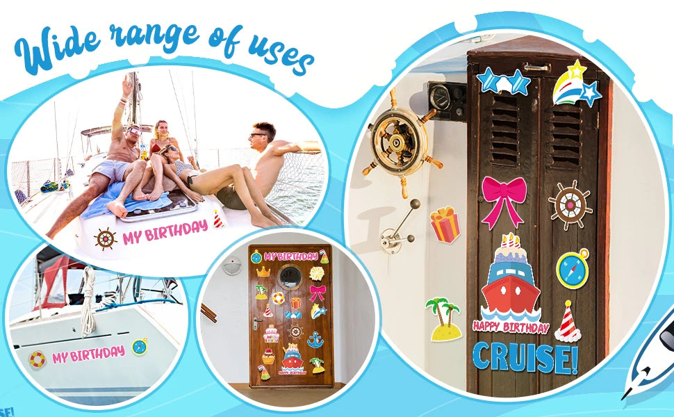 A set of door magnets featuring a cruise ship and birthday decorations for a birthday cruise theme.