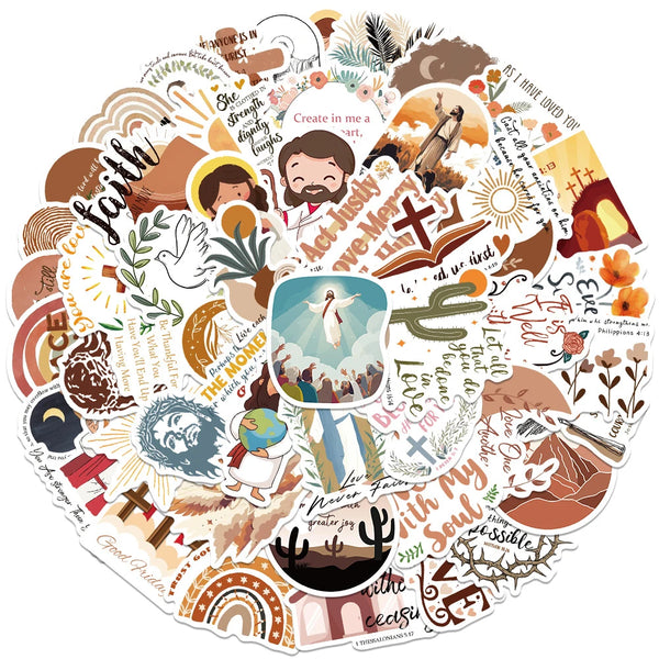 A circular arrangement of various faith-based and Christian themed decals and stickers.