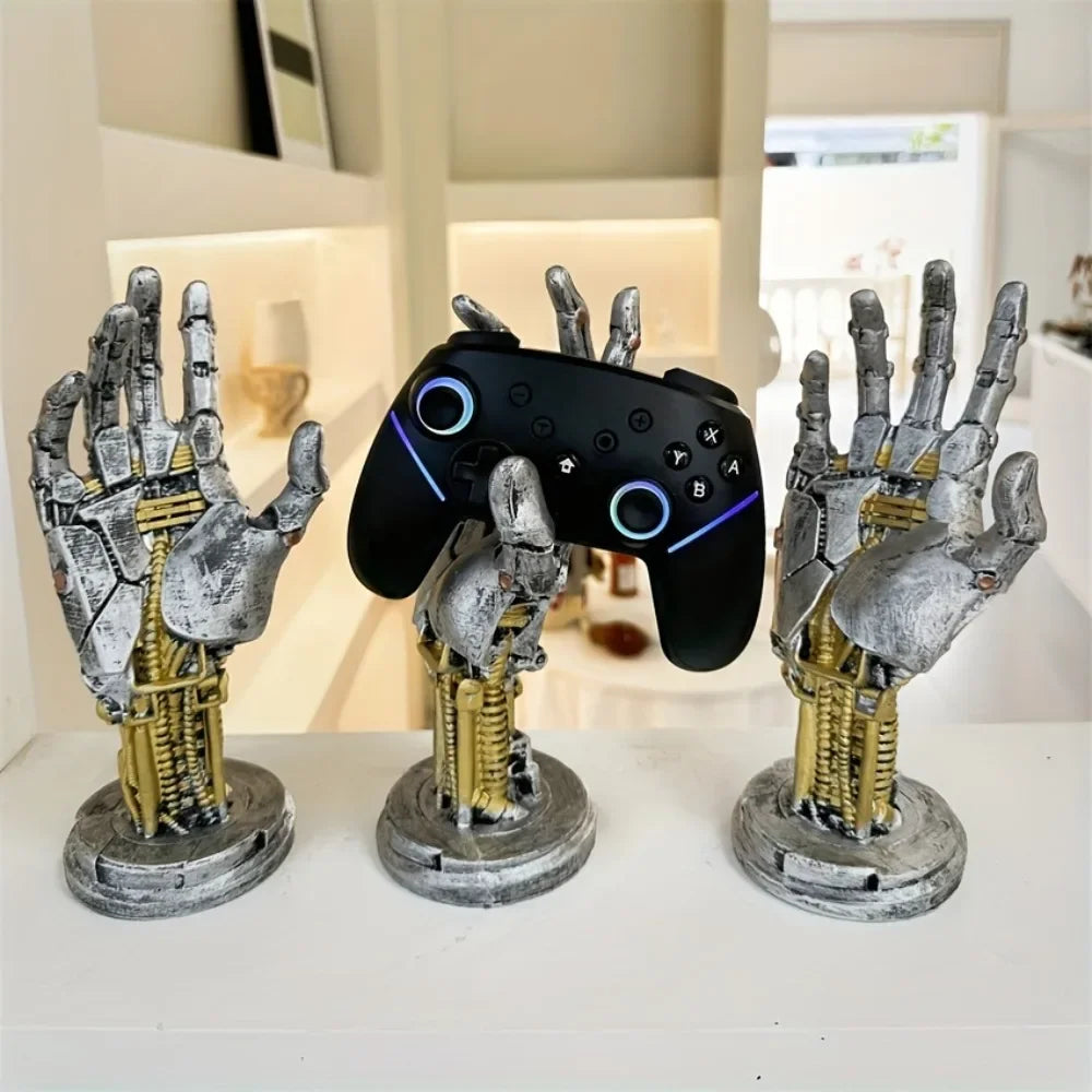 A gray hand model is displayed next to a black gamepad controller, illustrating a 3D gamepad and controller storage organizer