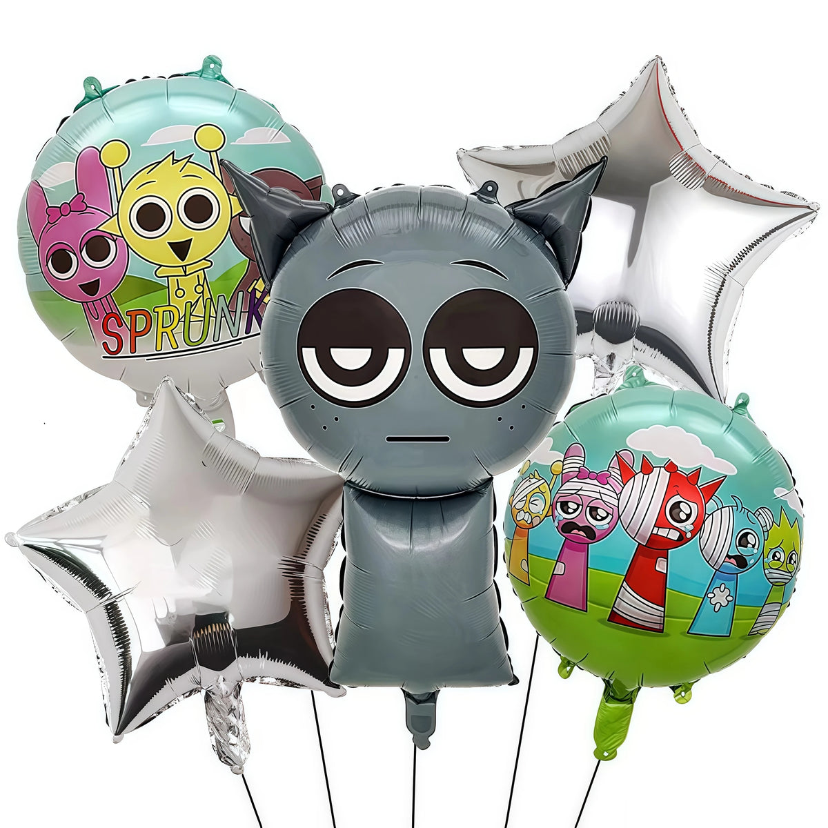 A set of assorted balloon decorations featuring characters from Sprunkies with various colors and designs.