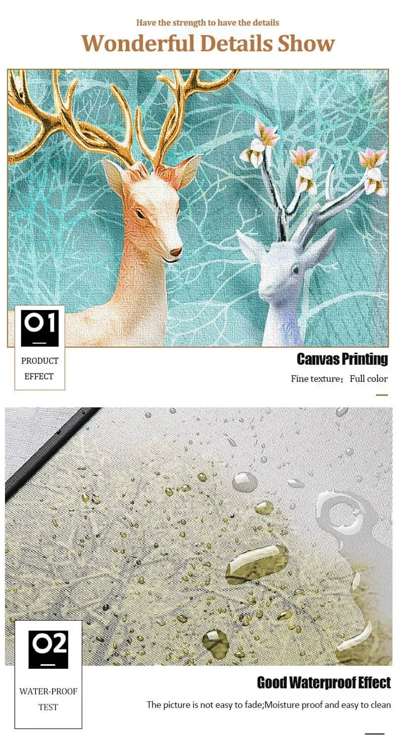 Canvas printing of a deer head and a goat head showing fine texture and full color