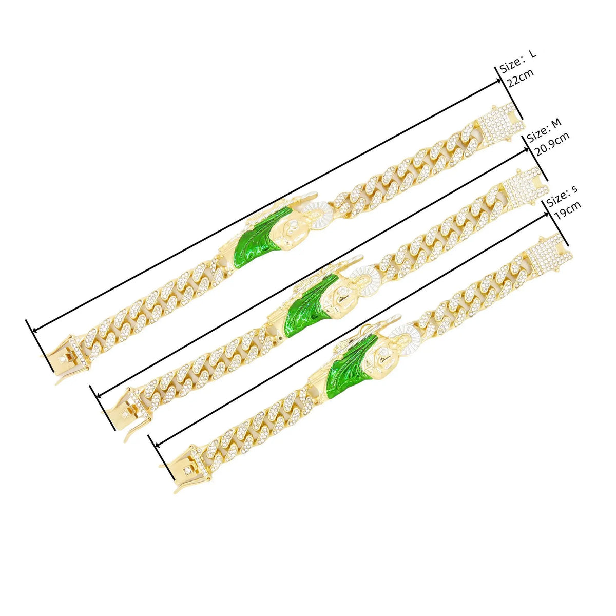 Gold-toned Cuban link bracelet with green enamel accents shown in various sizes.