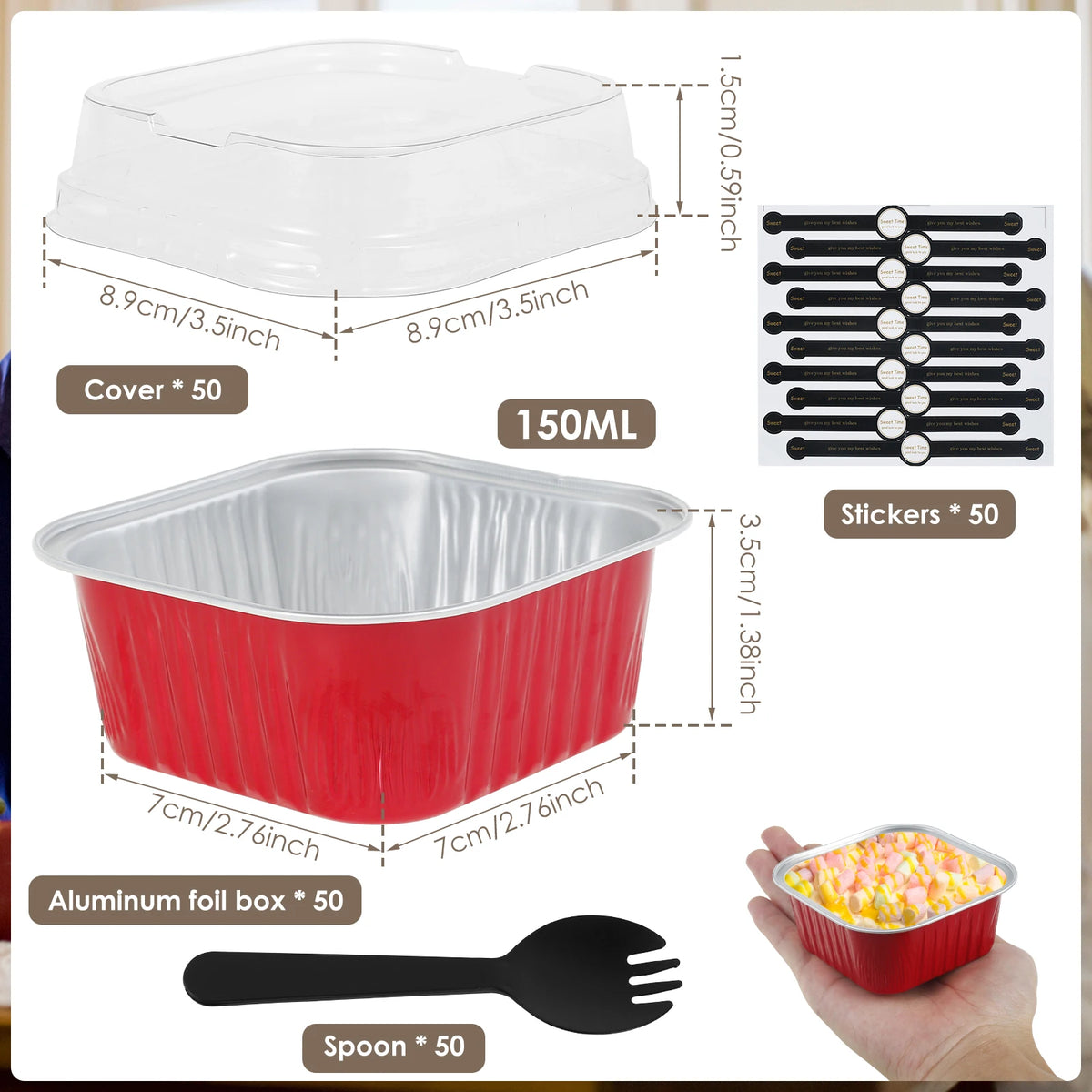 A set of reusable aluminum foil baking cups with lids, stickers, spoons, and an aluminum foil box.