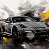 A dark Porsche sports car painted in a vintage oil painting style with bright yellow and gray brushstrokes.