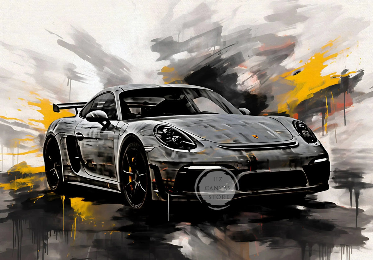 A dark Porsche sports car painted in a vintage oil painting style with bright yellow and gray brushstrokes.