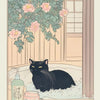 A vintage illustration of a black cat sitting in a garden setting with pink flowers and a wooden fence.