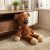 A brown teddy bear stuffed plush toy sitting on a light beige carpet next to wooden shelving.