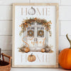 Wall art poster featuring a rustic wooden door decorated with autumn foliage and pumpkins, with the words HOME Sweet HOME.
